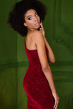 Burgundy Velvet Jacquard One-Shoulder Bodycon Maxi Slit Dress - Women - Pineapple Clothing