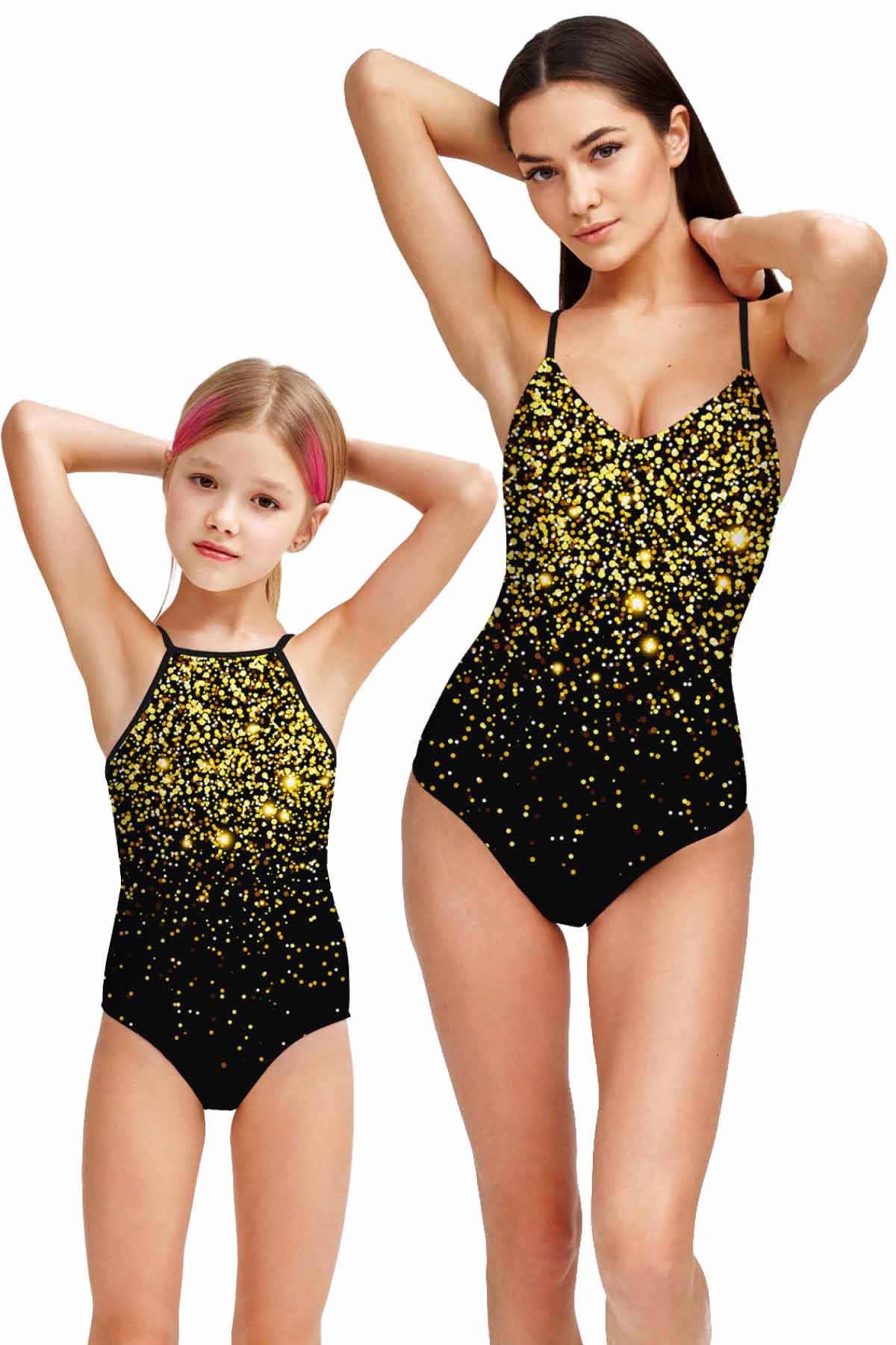 Chichi Black Gold Glitter Print One-Piece Swimsuits - Mommy and Me - Pineapple Clothing
