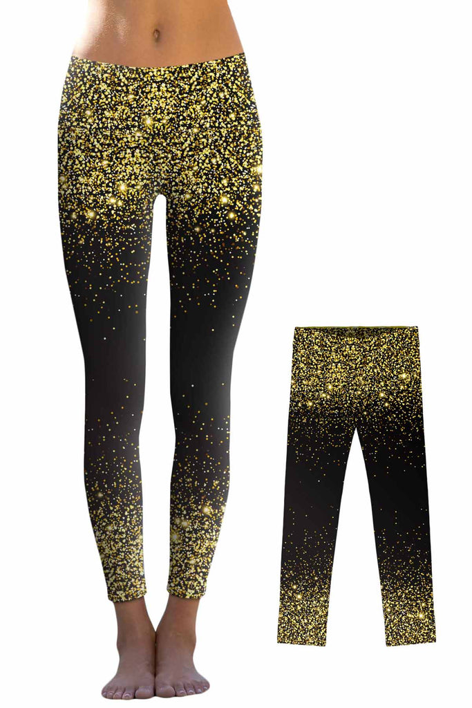 Chichi Lucy Black & Gold Glitter Print Cute Leggings - Mommy and Me