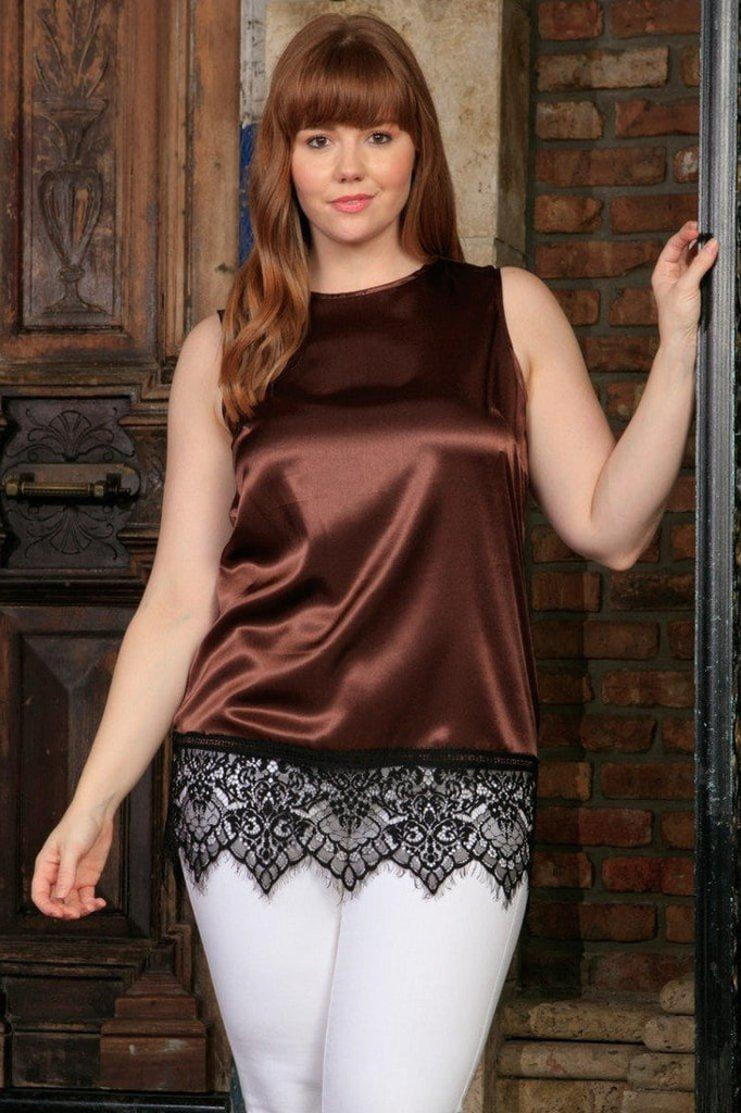 Chocolate Brown Sleeveless Sexy Dressy Curvy Top With Lace Plus