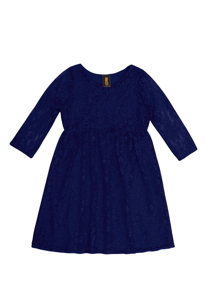 Deep Navy Stretchy Lace Empire Waist Three-Quarter Sleeve Dress