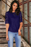 Deep Navy Stretchy Lace Elbow Sleeve Cute Trendy Top - Women - Pineapple Clothing