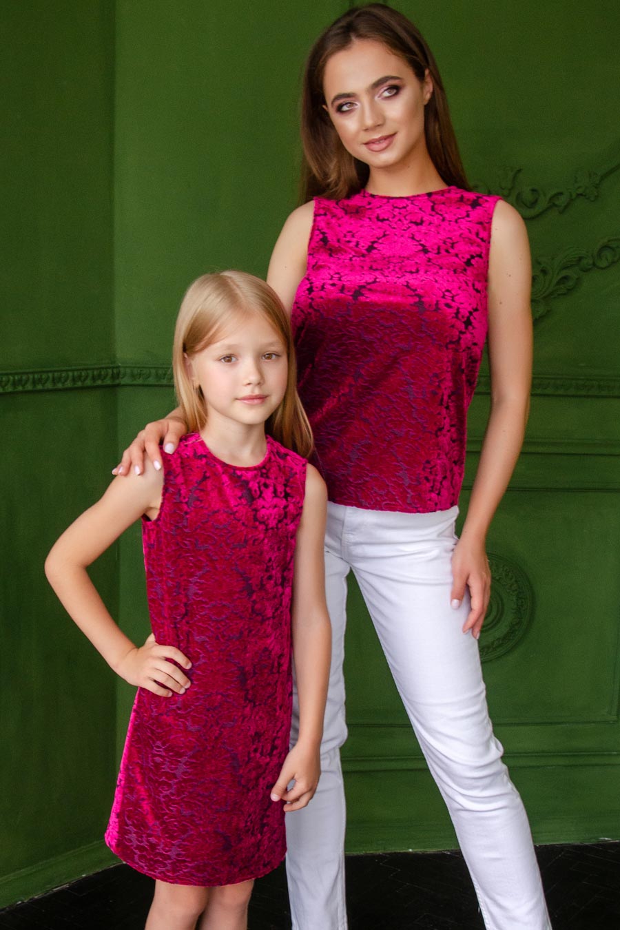 Deep Raspberry Velvet Jacquard Holiday Mother Daughter Outfit - Pineapple Clothing