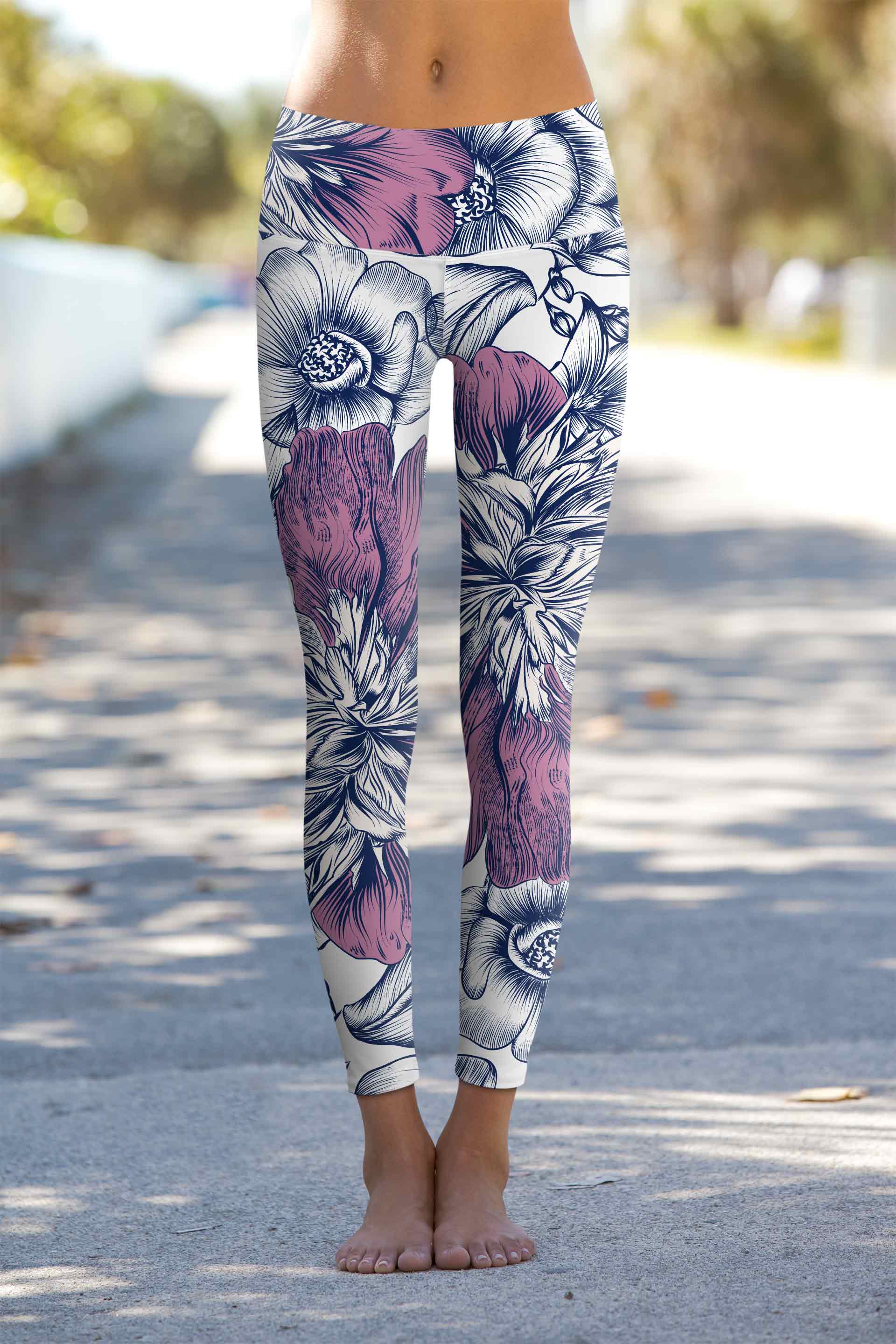 SEMI-ANNUAL SALE! Dream Catcher Lucy White Floral Print Leggings Yoga Pants - Women - Pineapple Clothing