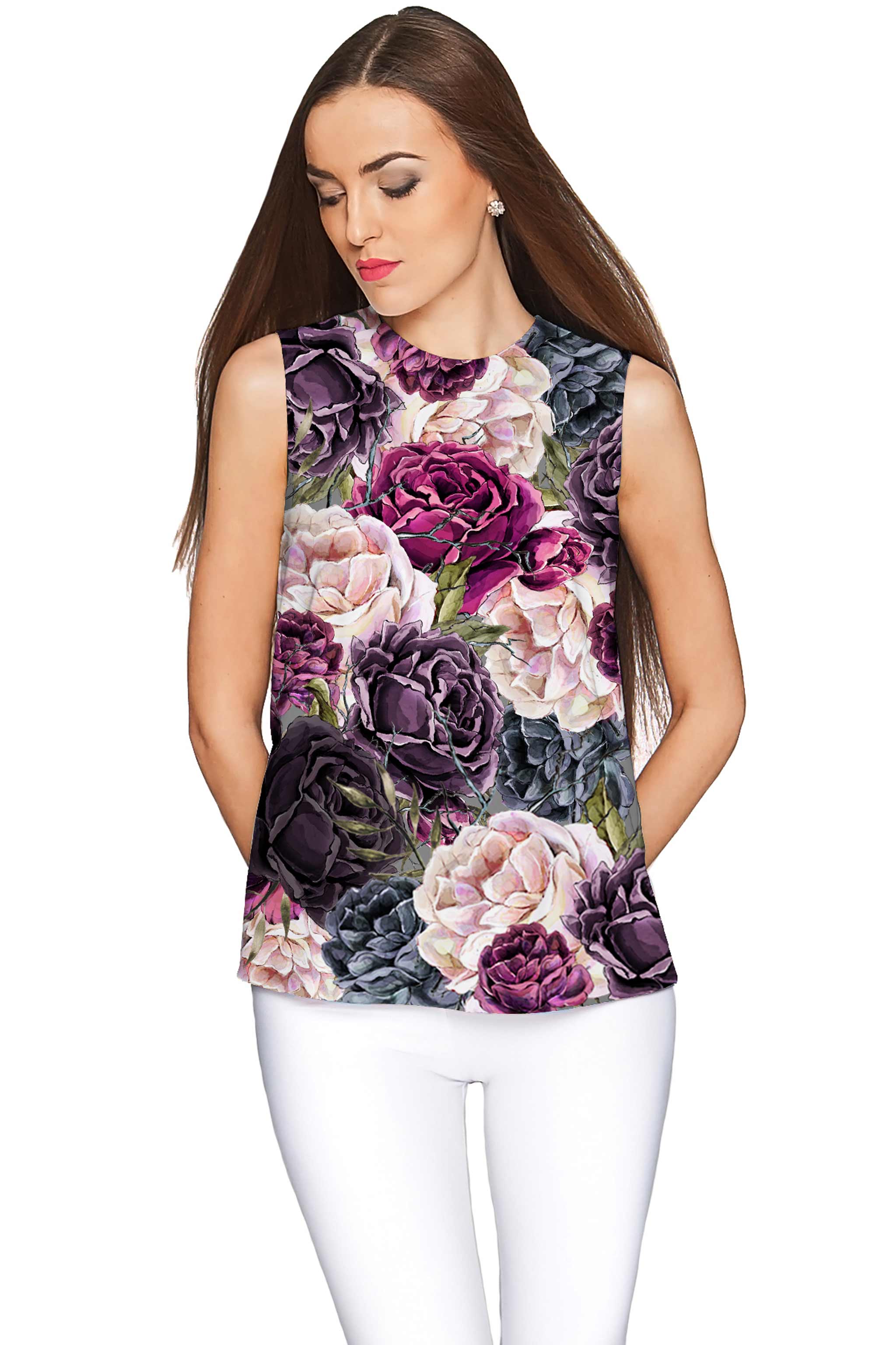 Duchess Emily Grey Floral Print Sleeveless Summer Top - Women - Pineapple Clothing