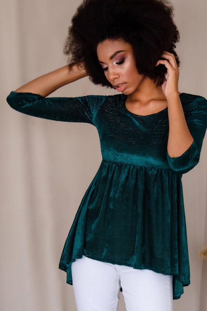 Emerald Green Ribbed Velvet Stretchy Boho Party Top Tunic - Women