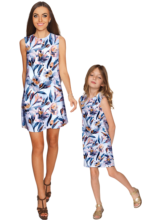 Florescence Adele Blue Floral Print Elegant Shift Dresses - Mommy & Me - Pineapple Clothing