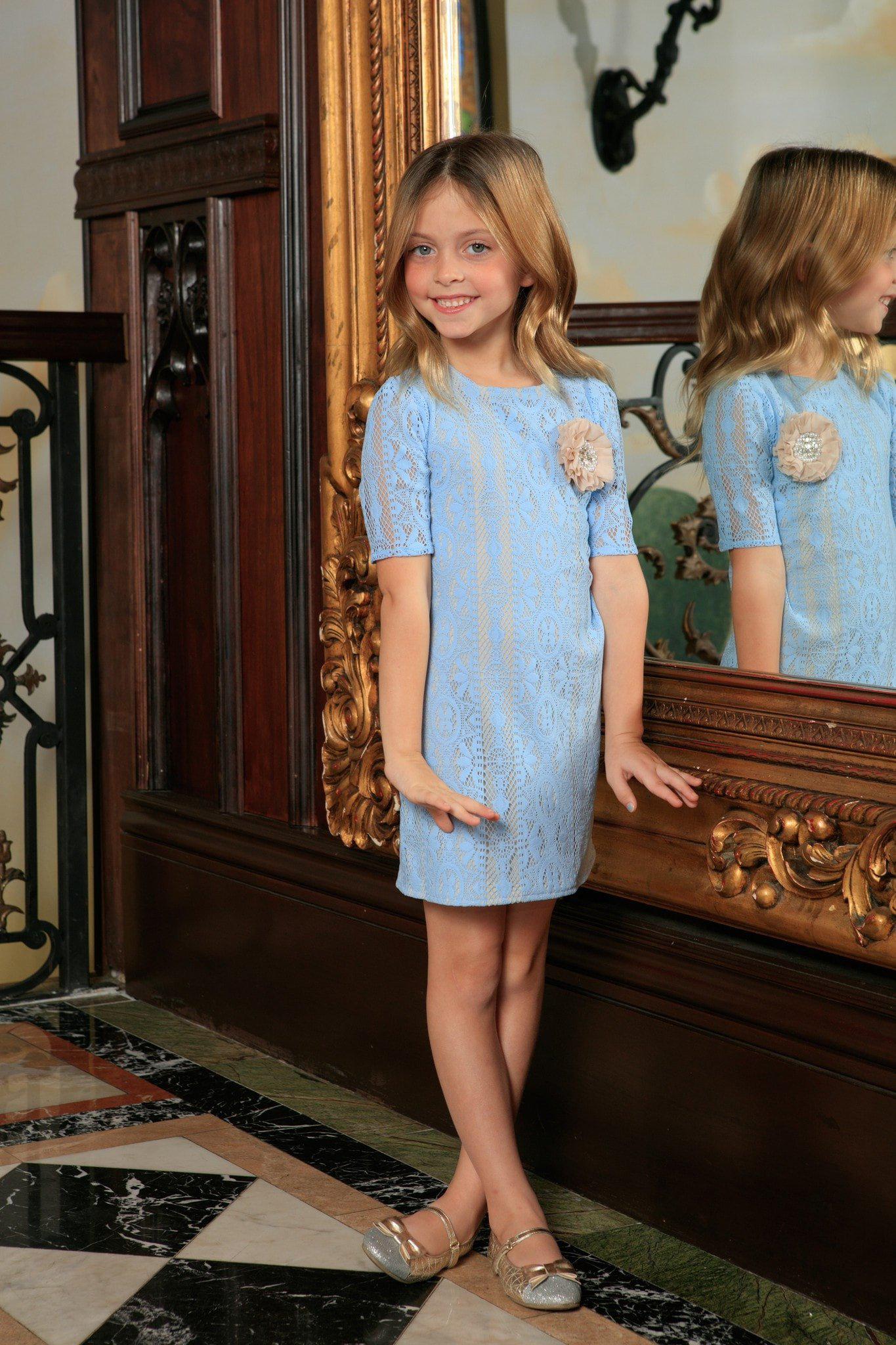 Baby Blue Crochet Lace Elbow Sleeve Shift Summer Party Dress - Girls - Pineapple Clothing