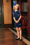 Navy Blue Floral Elbow Sleeve Cute Cocktail Party Shift Dress - Girls - Pineapple Clothing