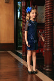 Navy Blue Floral Elbow Sleeve Cute Cocktail Party Shift Dress - Girls - Pineapple Clothing