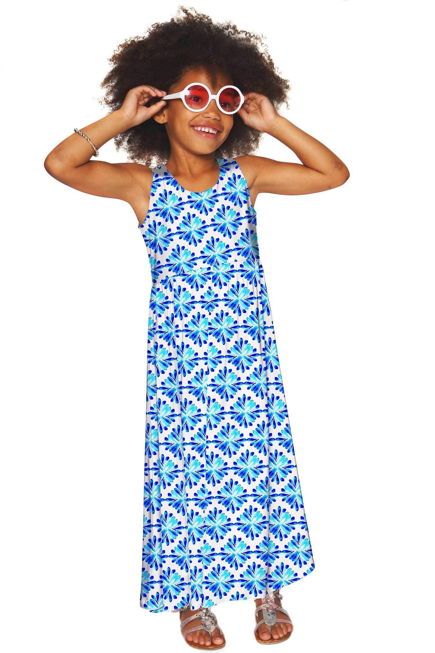 Charisma Bella White & Blue Summer Empire Waist Maxi Dress - Girls - Pineapple Clothing