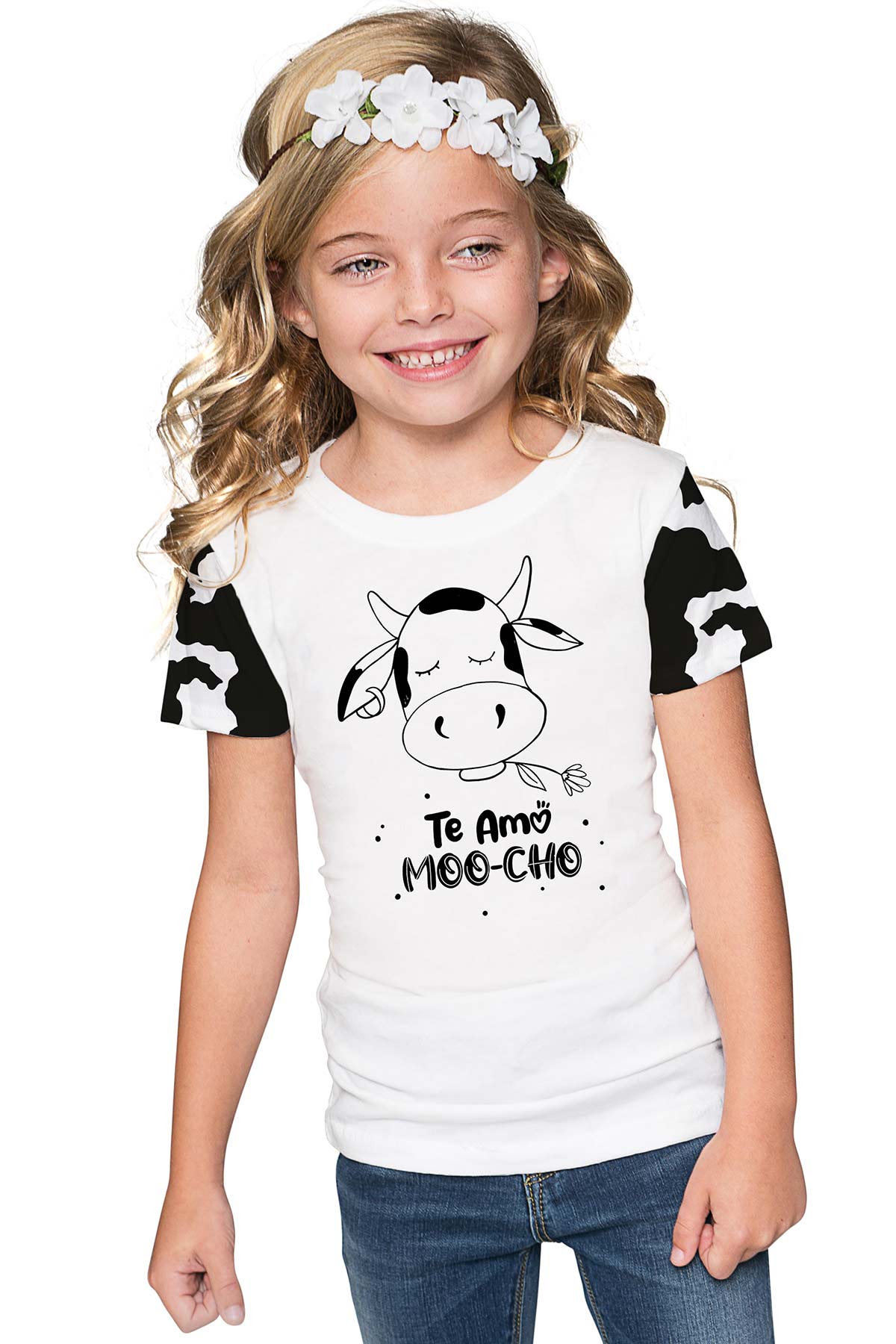 Te Amo MOO-cho Zoe White & Black Cow Print Designer T-Shirt - Girls - Pineapple Clothing