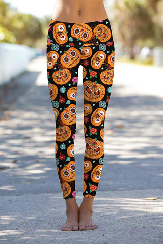 Pumpkin Party Lucy Yellow Printed Leggings Yoga Pants - Women