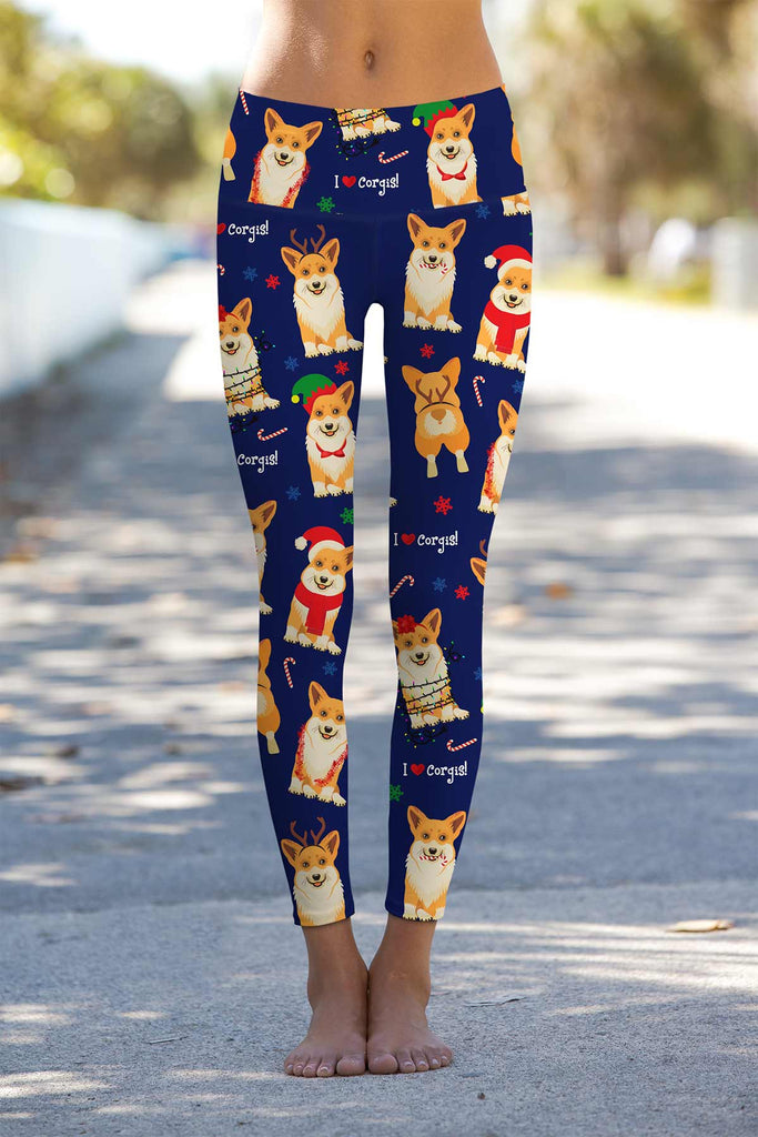 Happy Corgis Lucy Navy Blue Christmas Dog Leggings Yoga Pants  Women   Pineapple Clothing