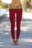 Haute Maroon Lucy Red Gold Glitter Print Leggings Yoga Pants - Women - Pineapple Clothing