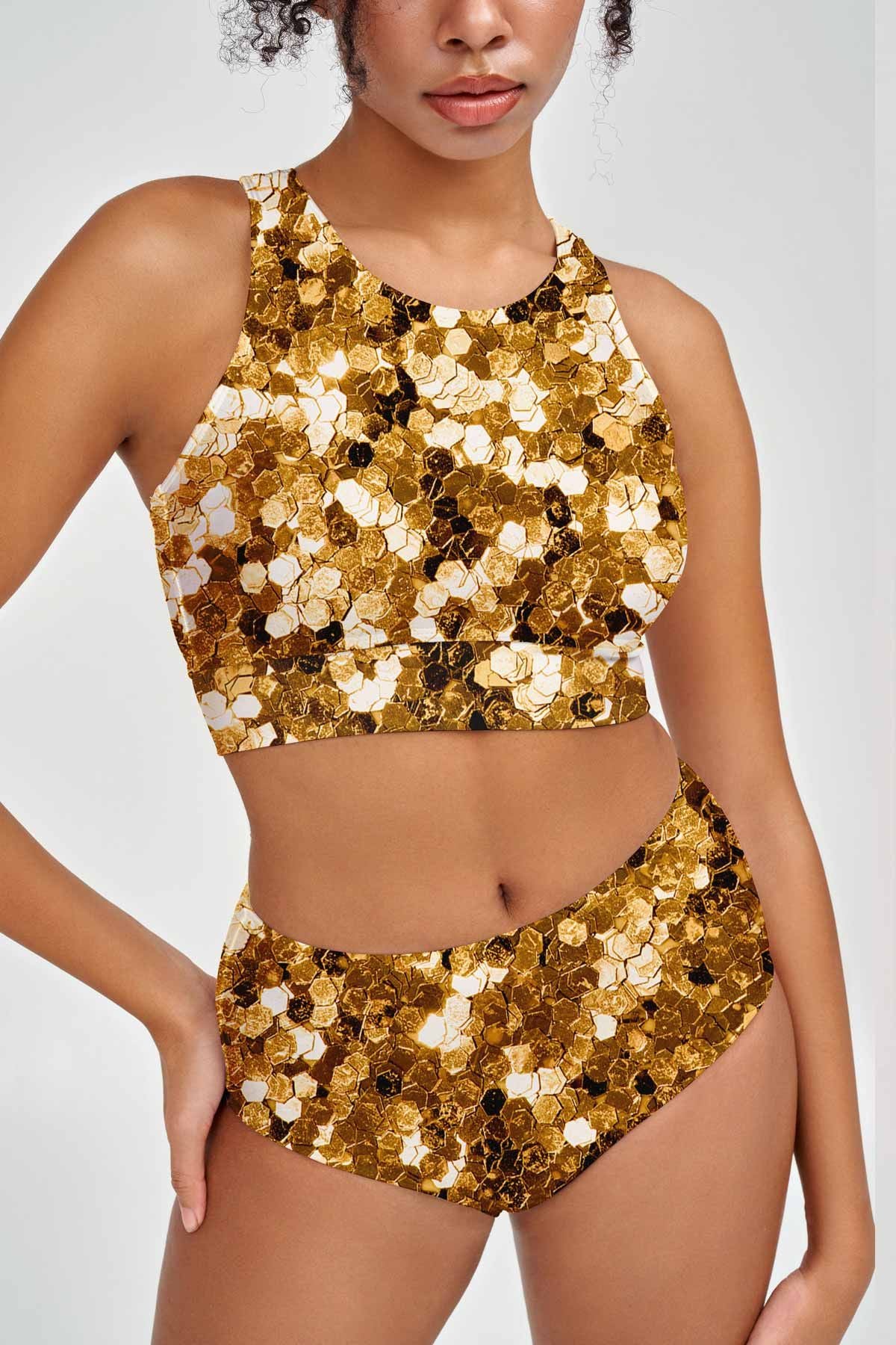 Haute Gold Carly Glitter Print High Neck Crop Bikini Top - Women - Pineapple Clothing
