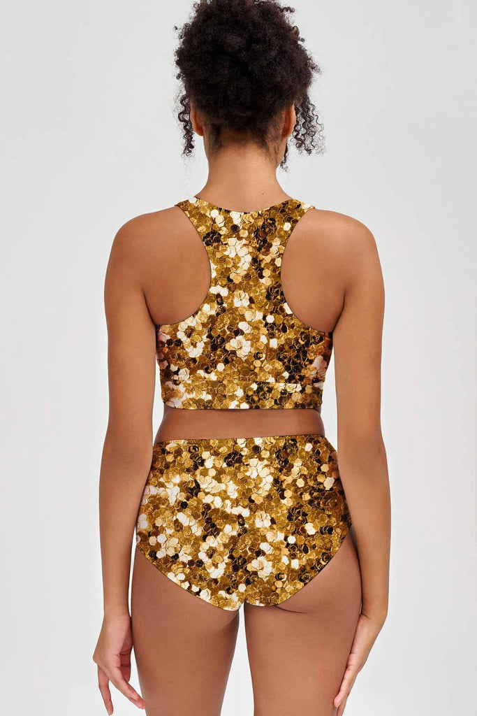 Haute Gold Carly Glitter Print High Neck Crop Bikini Top Women