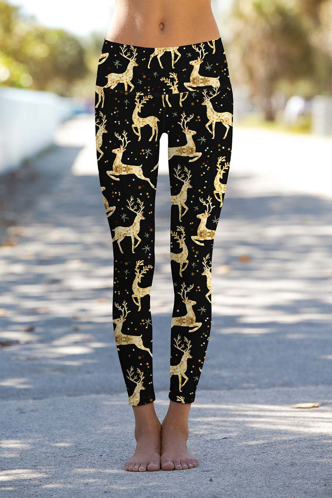 Holly Jolly Lucy Black & Gold Animal Print Leggings Yoga Pants - Women