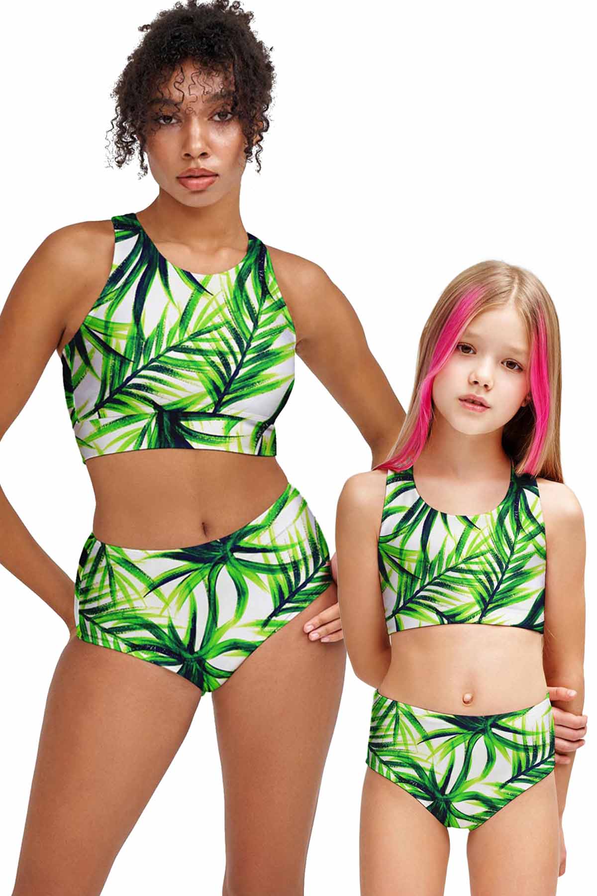 Pineapple Clothing Island Life Green Tropical Hawaiian Palm Leaf Print Mommy and Me Swimsuits, Mother Daughter Matching Bathing Suits, Baby Two-Piece Bikini Set / 3-4