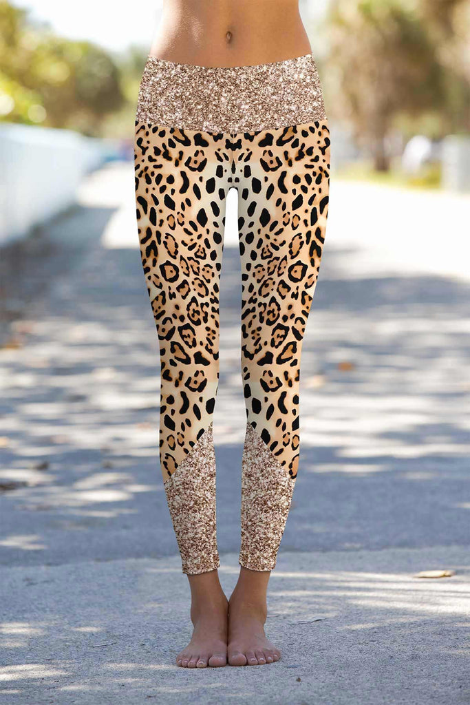 Let's Go Wild Lucy Brown Gold Animal Print Leggings Yoga Pants - Women | Clothing