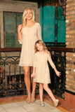 Beige Stretchy Lace Empire Waist Half Sleeve Day Mother Daughter Dress - Pineapple Clothing