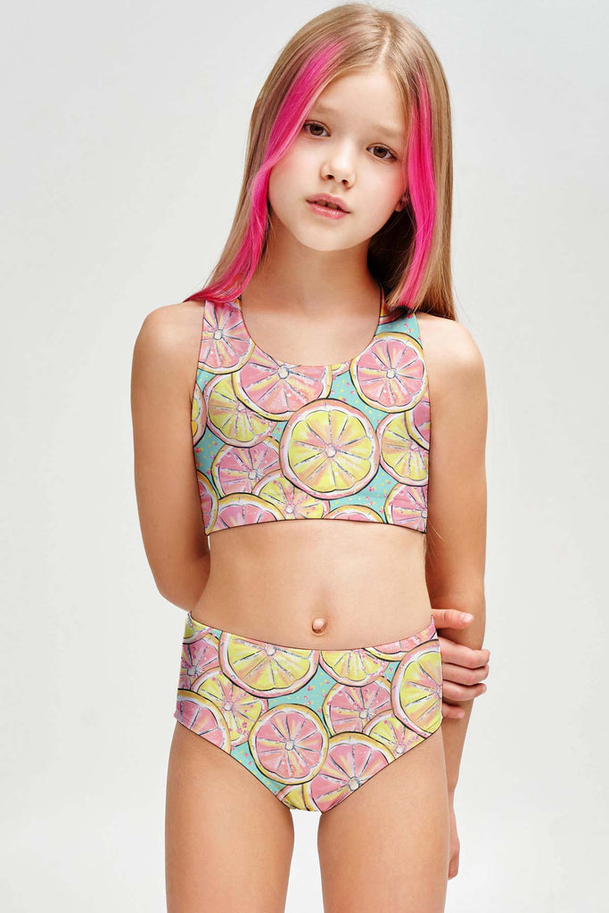 Marmalade Claire Lemon Print Two-Piece Swimsuit Sporty Swim Set - Girls