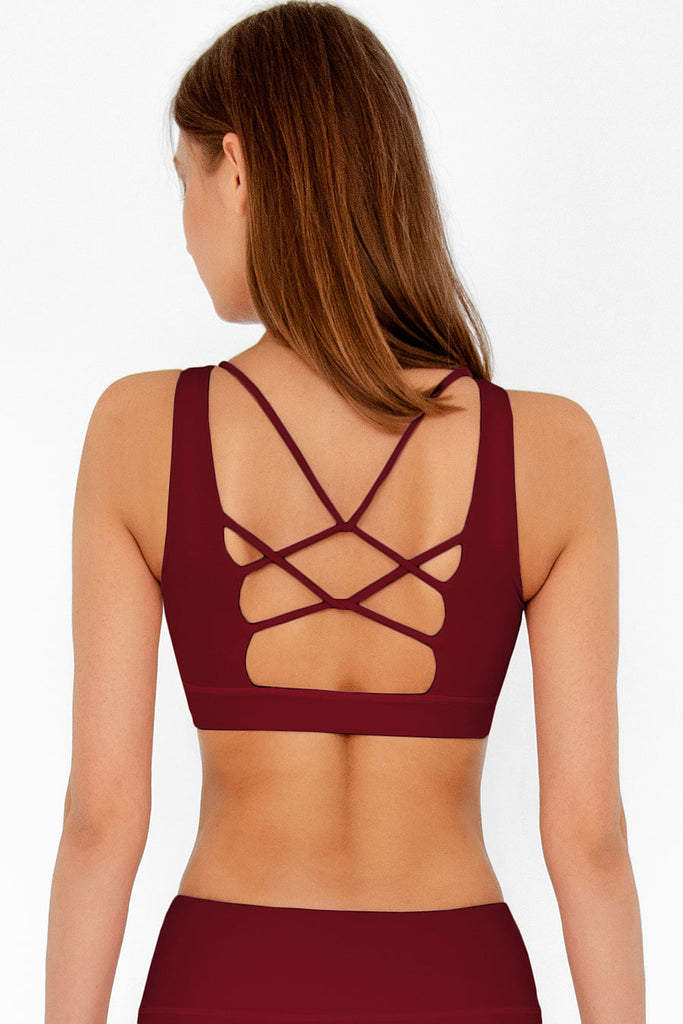 3 for $49! Maroon Red Kelly Strappy Open-Back Padded Sports Bra