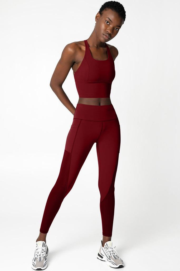 3 for $49! Maroon Red Cassi Mesh & Pockets Workout Leggings