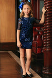 Navy Blue Floral Elbow Sleeve Cute Cocktail Party Shift Dress - Girls - Pineapple Clothing