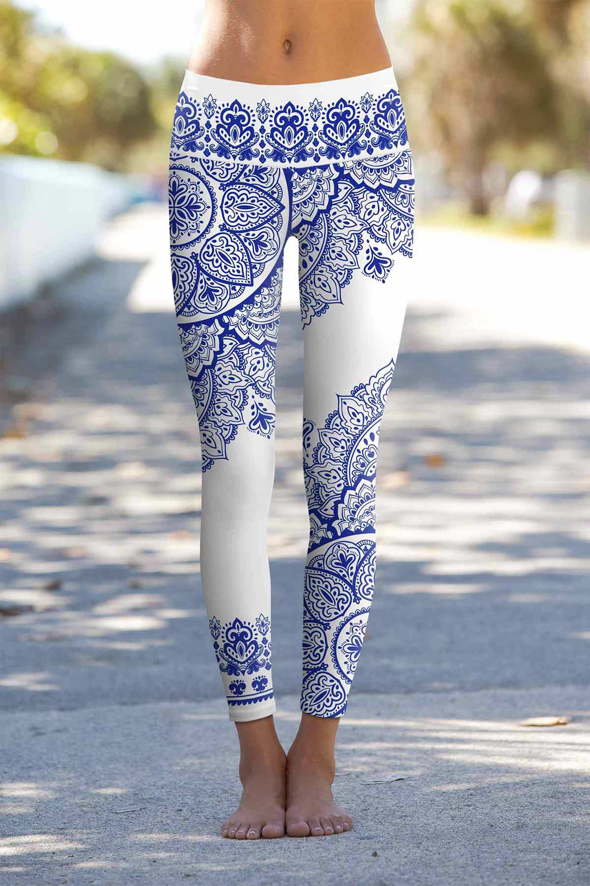 Nirvana Lucy White Blue Geometric Boho Leggings Yoga Pants - Women