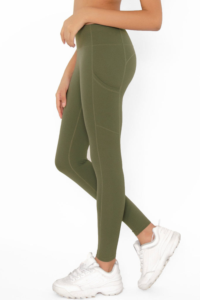 Aoliks Women's Capri Leggings High Waisted Side Pockets Workout Pants Olive