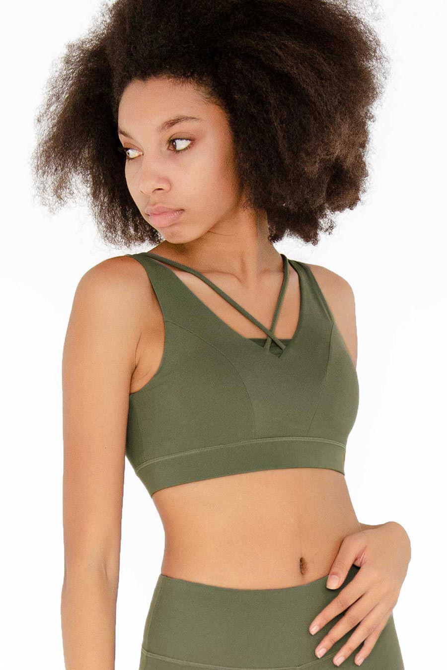 SEMI-ANNUAL SALE! Olive Khaki Green Kelly Strappy Open-Back Padded Sports Bra - Women - Pineapple Clothing