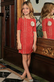 Orange Coral Red Crochet Lace Sleeved Shift Fancy Party Dress - Girls - Pineapple Clothing