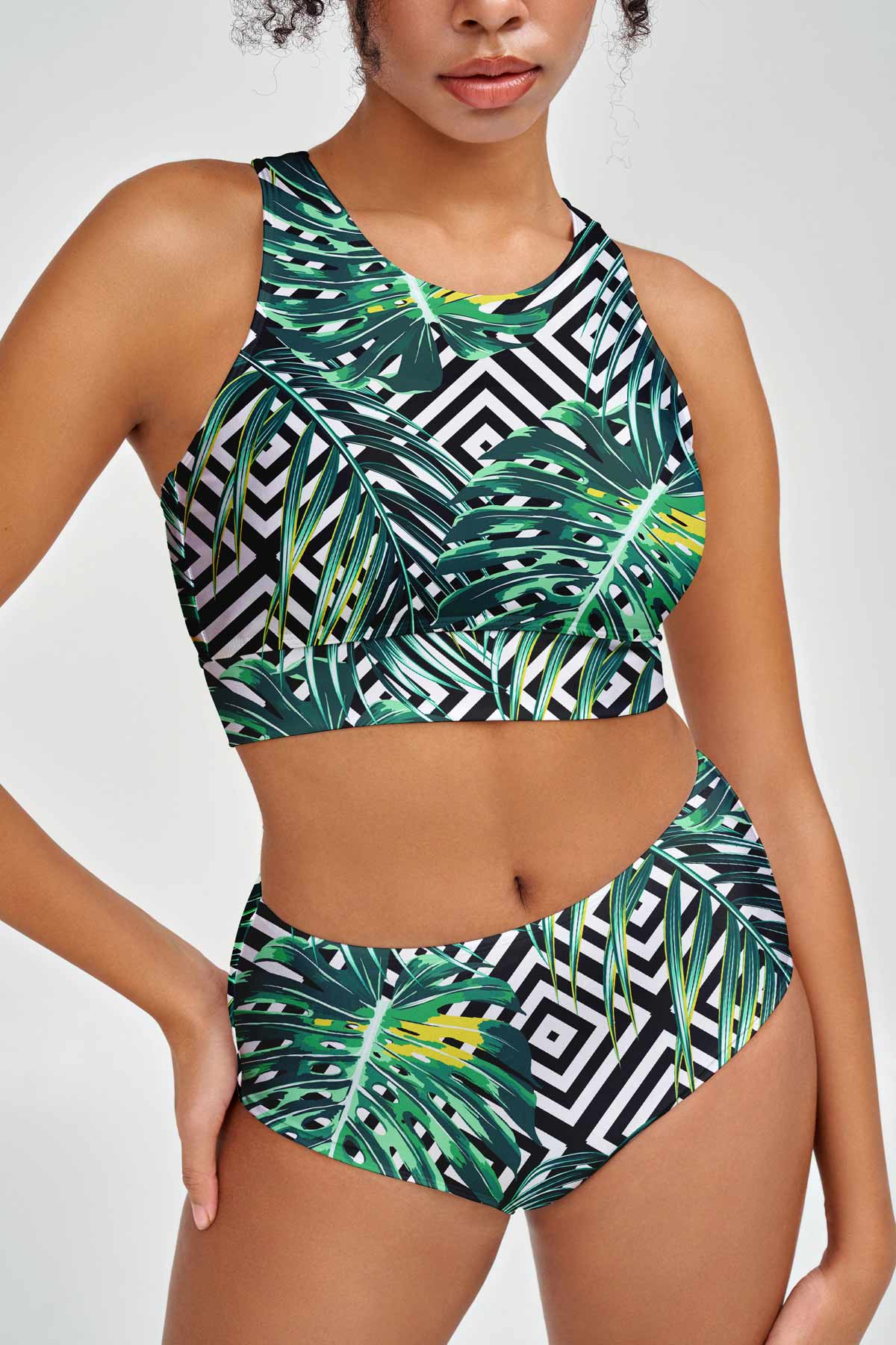 Palm Beach Carly Green Tropical High Neck Crop Bikini Top - Women - Pineapple Clothing