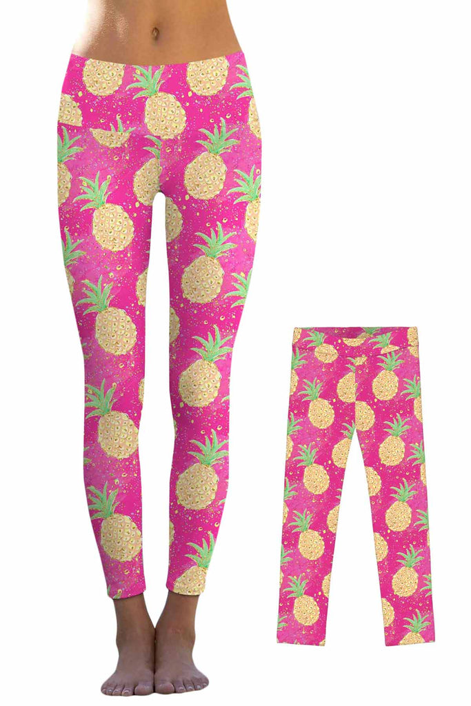 Piña Colada Lucy Pink Pineapple Print Summer Leggings - Mommy and Me