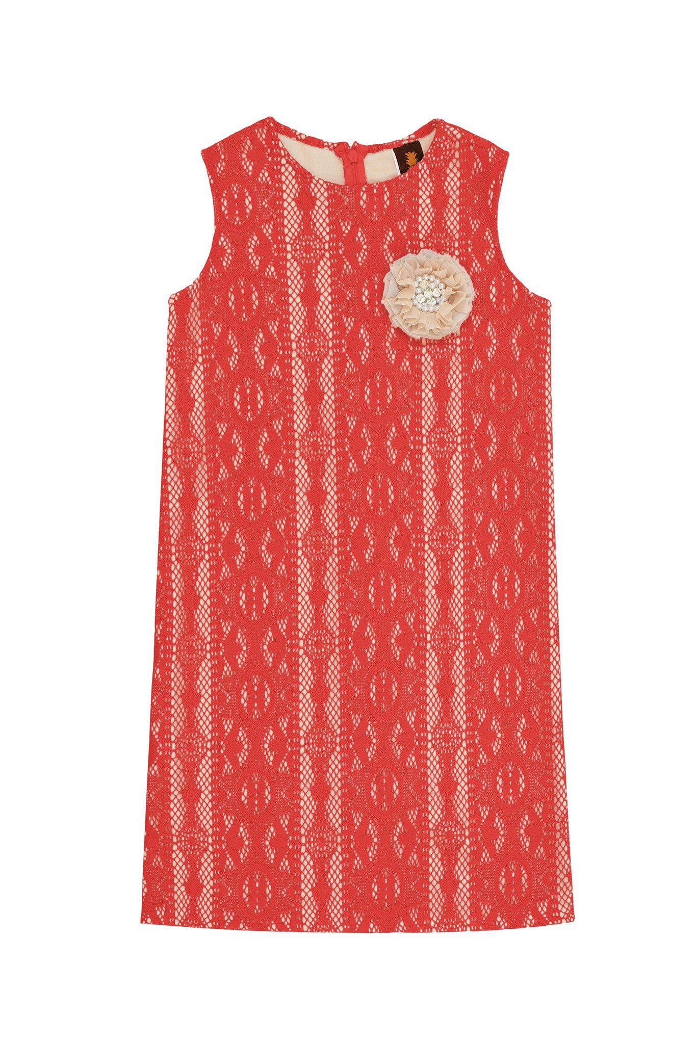 Coral Red Crochet Lace Fancy Summer Party Shift Dress - Girls - Pineapple Clothing