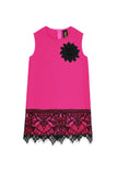Hot Pink Fuchsia Stretchy Stylish Party Shift Dress With Lace Trim- Girls - Pineapple Clothing
