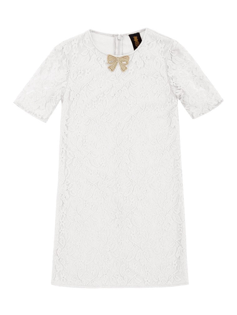 White Stretchy Lace Sleeved Holiday Fancy Party Shift Dress - Girls - Pineapple Clothing