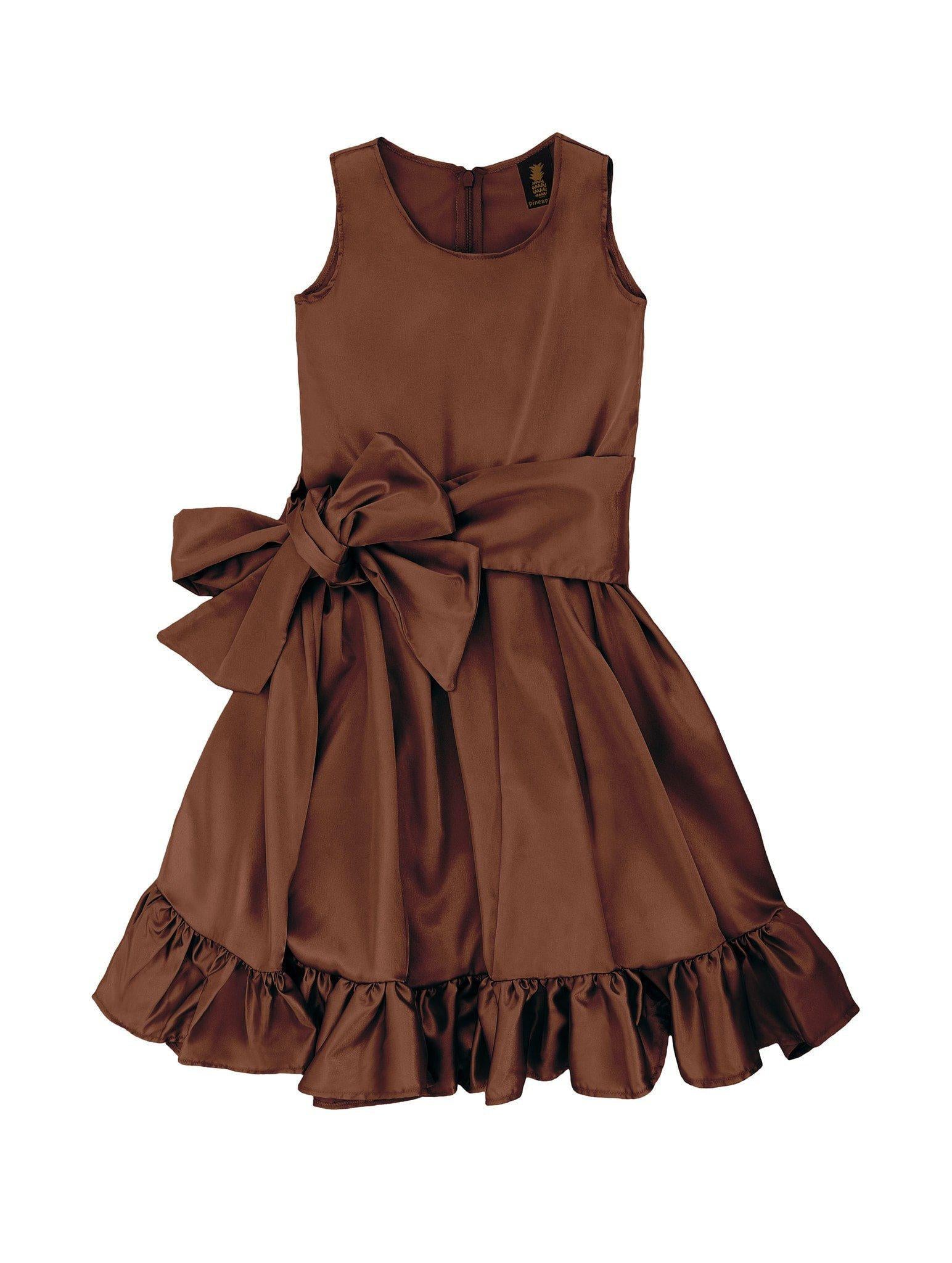 Chocolate Brown Charmeuse Fit & Flare Ruffle-Hem Party Dress with belt - Girls - Pineapple Clothing