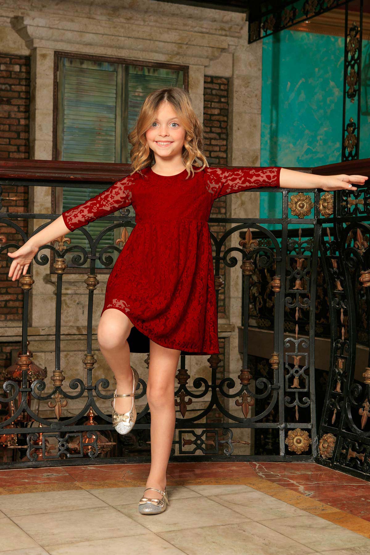 Red Maroon Lace Empire Waist Sleeved Holiday Christmas Dress - Girls - Pineapple Clothing
