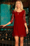 Red Maroon Lace Empire Waist Sleeved Holiday Christmas Dress - Women - Pineapple Clothing