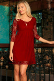 Red Maroon Lace Empire Waist Sleeved Holiday Christmas Dress - Women - Pineapple Clothing