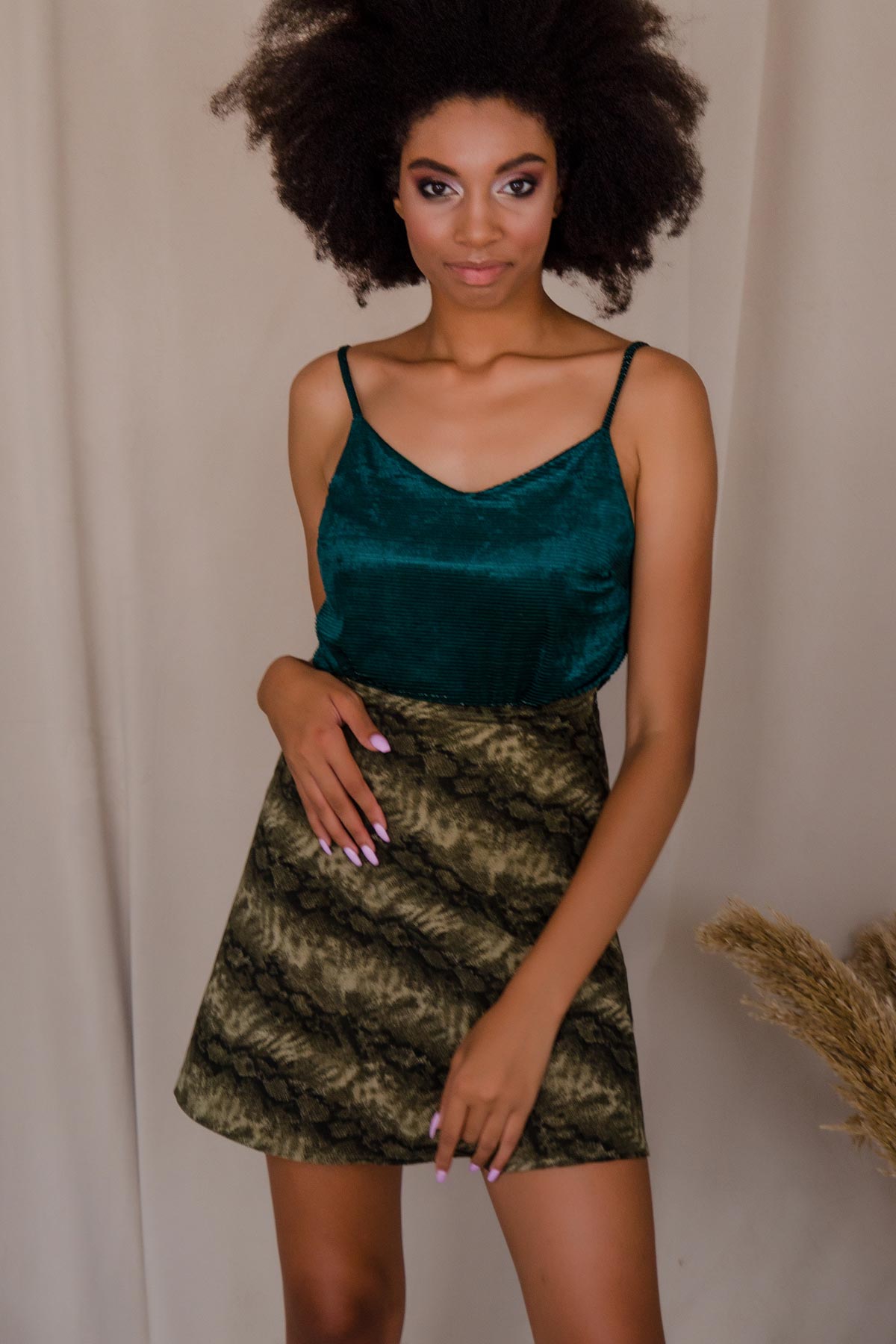 Sage Green Aria Animal Print Snake Skin Trapeze Line Mini Skirt Women - Pineapple Clothing