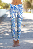 Santorini Lucy White Blue Floral Print Leggings Yoga Pants - Women - Pineapple Clothing