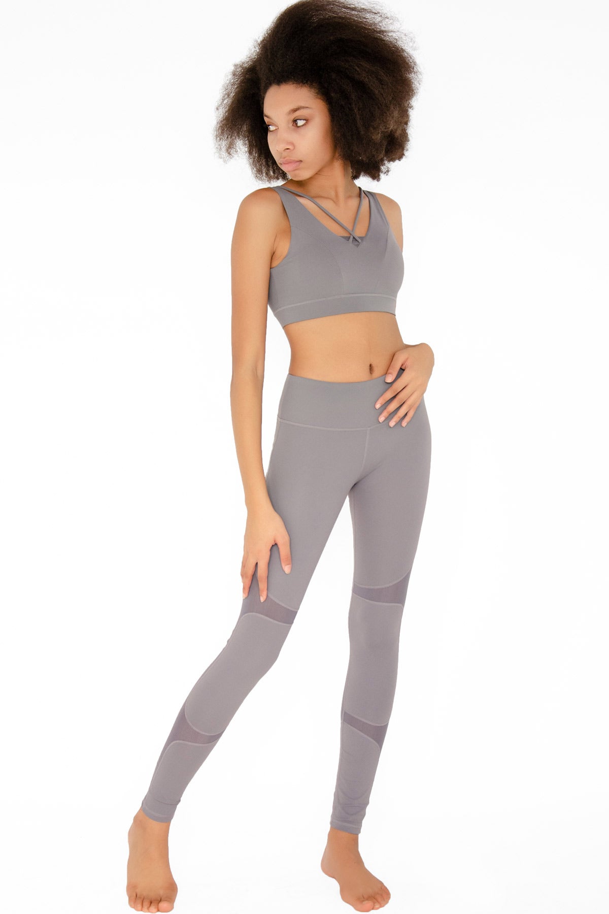 Silver Grey Cassi Mesh Panels Workout Leggings Yoga Pants - Women - Pineapple Clothing