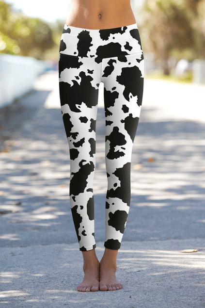 Te Amo MOO-cho Lucy White Black Cow Print Leggings Yoga Pants - Women