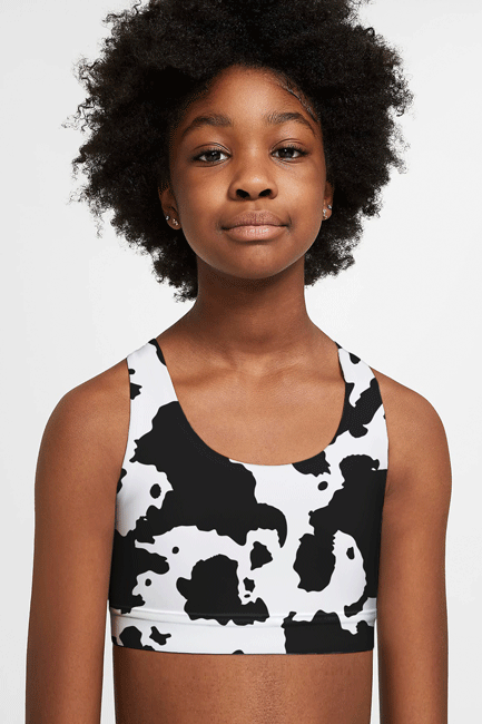 Te Amo MOO-cho Stella White Black Cow Print Sports Bra Crop Top - Kids - Pineapple Clothing