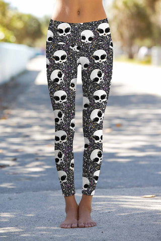 beWITCHing Lucy Black Goth Skull Print Alt Leggings Yoga Pants - Women