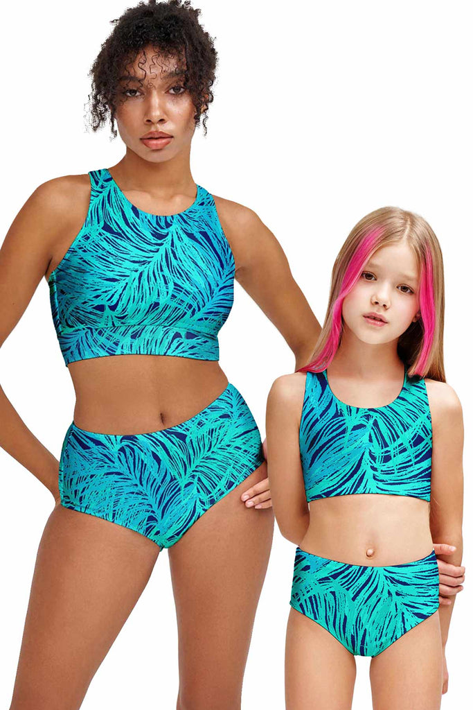 Tropical Dream Blue Green Two-Piece Sporty Swimsuits - Mommy