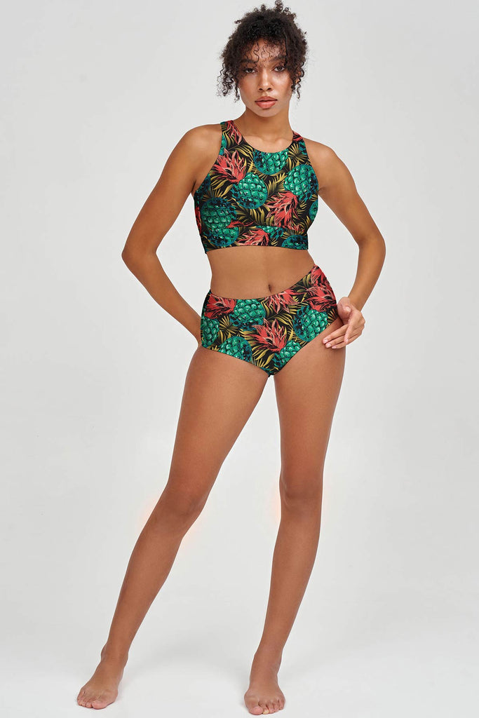 Tropicana Carly Pineapple Print High Neck Crop Bikini Top - Women